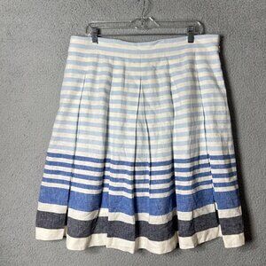 Christopher & Banks Skirt Women 16 Blue Cream‎ Striped Linen Blend Pleated Midi
